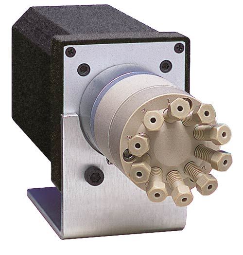 Vici Valco 10 Port 2 Pos Valve, manual, 1/16'' Fitting, 0.75 mm Port, 75°C / 250psi, for Liquid, PPS/E2