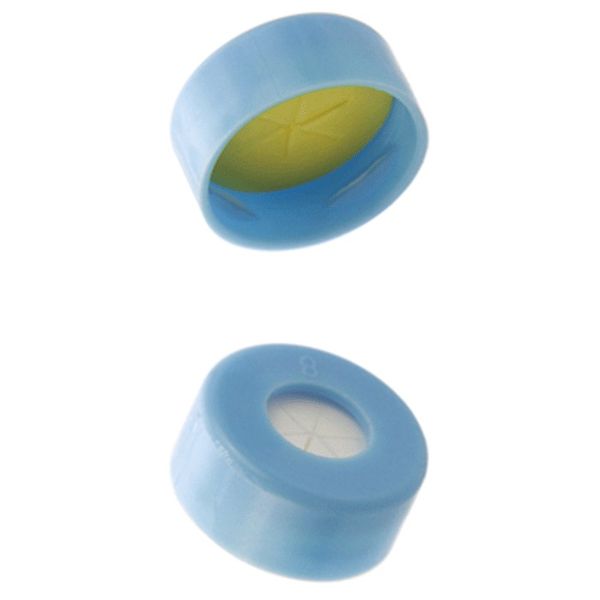 Microsolv Snap Cap light blue, smooth PE, with 0.04" thick, white Sil/yellow PTFE pre-slit (star shape) Septa, for 11mm, 12x32mm Snap Top autosampler 