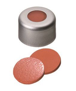 Altmann Analytik Bördelkappe, ND8 Aluminium Kappe farblos lackiert, 4 mm Loch, Naturkautschuk rot-orange/TEF transparent, 60° shore A, 1,0 mm, 10x100/