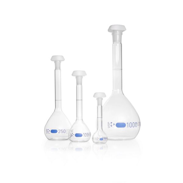 Duran Group Messkolben, klar, NS 10/19, 25 ml, blaue Skala, A, mit Einzelzertifikat, PE-Stopfen, 2 St/Pkg, mit Ringmarke