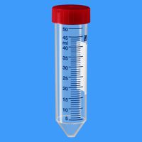 Product Image of Schraubröhre, PP, 50 ml, (LxØ): 114 x 28 mm, Spitzboden, transparent, HD-PE Verschluss rot, mit Skalierung, steril, 12 x 25 St/Pkg