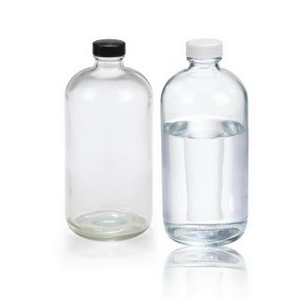 DWK Wheaton 1000 ml Rundflasche Boston, klar, AR-Glas, weiße PP-Kappe mit PV-Dichtung, sicherheitsbeschichtet, 12 St/Pkg