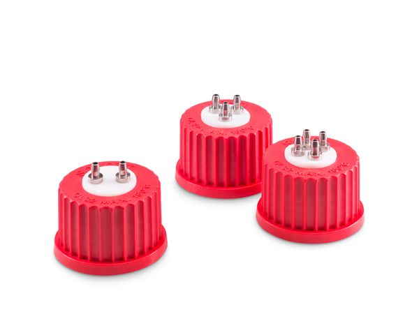 Duran Group DURAN Anschluss-System GL 32 rote PBT Schraubverschluss mit PTFE Einsatz und 2-Ports (Edelstahl)