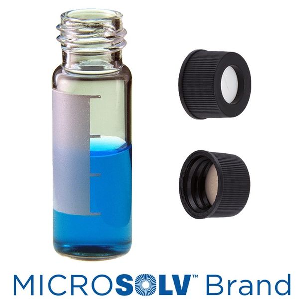 Microsolv Vial & Cap Kit incl. 100 4ml, Screw Top, Clear Autosampler Vials with Write-On Patch and fill lines & 100 black Screw Caps with bonded White