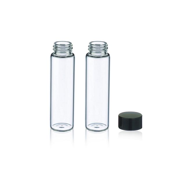DWK Wheaton 16 ml E-C sample vials, clear, black PF cap 18-400 without hole, 14B rubber insert, unmounted, 200 /PAK each