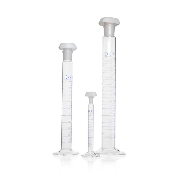 Duran Group DURAN Mischzylinder, Sechskantfuss, Kl. A, mit Chargenzertifikat, blaue Skala, NS 14/23, 25 ml, 2 St/Pkg, Hauptpunkteringteilung, 
