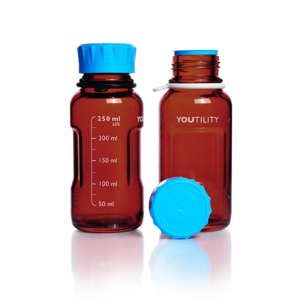 Duran Group DURAN YOUTILITY bottle, amber, graduated, GL 45, cyan screw-cap and puring ring, PP, 250 ml, 4 pc/PAK