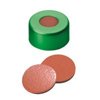 Product Image of Bördelkappe, ND11 Verschluss: Aluminium, grün lackiert mit 5,5 mm Loch, Naturkautschuk rot-orange/Butyl rot/TEF transparent, 1,0 mm, 1000/PAK