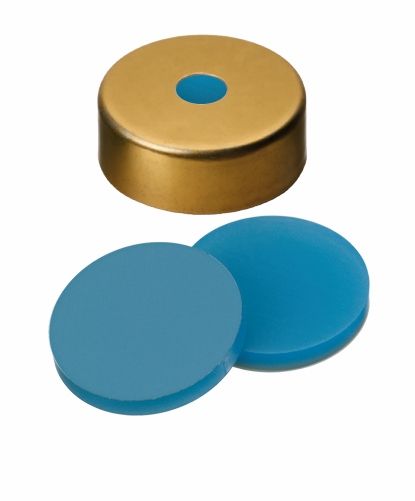 Thermo Fisher Scientific Bördelkappe SureSTART Level 1, 20 mm, Magnetstahl gold & Septum Silikon blau-transparent/PTFE klar, 3 mm, 100 St/Pkg