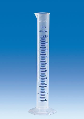 Vitlab Messzylinder, PP, 100 ml, erhabene bl. graduiert, hohe Form, Kl. B, 12 St/Pkg