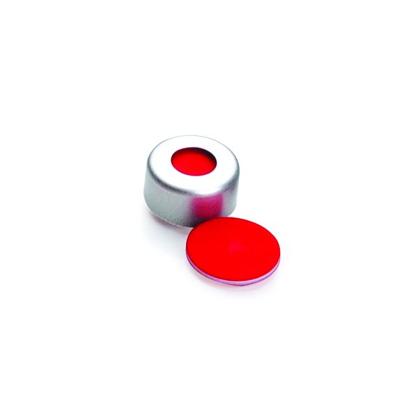 DWK Wheaton 11 mm aluminum flare cap, silver, with PTFE/silicone/PTFE septum, 100 pc/PAK