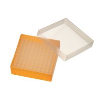 Product Image of PP Aufbewahrungsbox für 1,5/1,8/2ml Flaschen oder 2 ml Flachbodengläser, orange, mit Deckel, 136x136x45mm, 100 Kavitäten