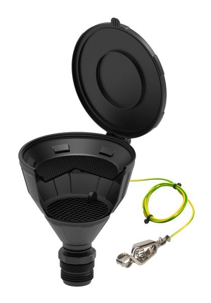 SCAT ARNOLD barrel Funnel with lid, 200 mm, double Thread R2" BSP/G2" + BCS 56x4, PE-HD-EL, with splash guard, sieve and ground cable