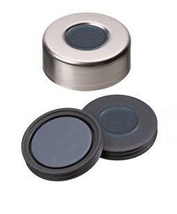 Altmann Analytik Crimp cap, 20 mm, aluminum, with hole, Pharma-Fix septum, butyl/PTFE, 50° shore A, 3.0 mm, 10x100/PAK