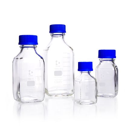 Duran Group DURAN GL 32 Laboratory glass bottle, square, clear, with screw cap and pouring ring (PP), 100 ml, 10 pc/PAK