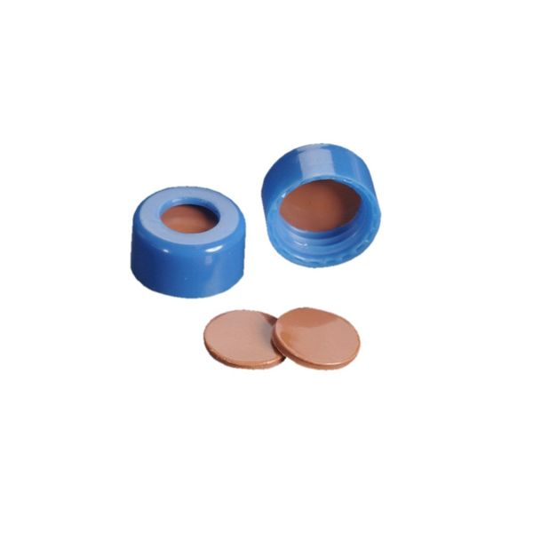 DWK Wheaton 9 mm Schraubkappe, blau, mit FEP/Naturkautschuk–Septum, Schraubgewinde, EVA, 100 St/Pkg