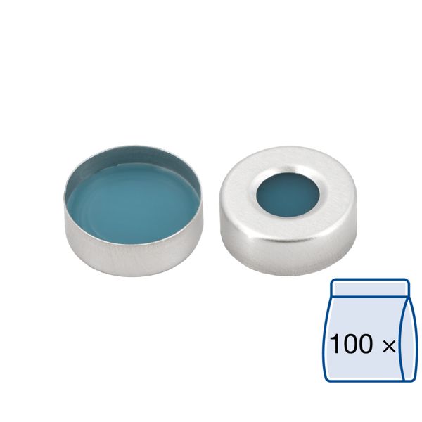 Macherey-Nagel ND20 Alu Bördelkappe, silber, Loch Silikon blau transparent/PTFE farblos Härte: 40° shore A, Septendicke: 3mm, 100 St/Pkg, für Karl 