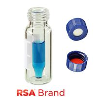 Product Image of Vial & Cap Kit incl. 100 300µl, Fused Insert with a wide tip, Screw Top, Clear RSA Autosampler Vials with Write on Patch/fill lines & 100 Blue Screw Caps with White Silicone Rubber/Red PTFE Soft-Guard bonded Septa, MicroSolv Brand Easy Purchase Pack