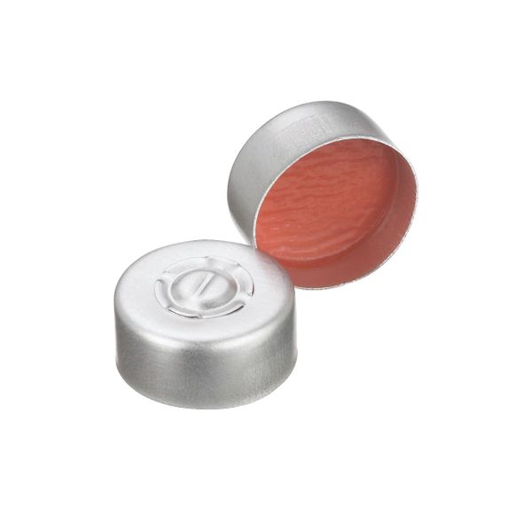 DWK Wheaton Aluminum cap, natural, with center break, with septum, PTFE-coated natural rubber, red, 13 mm OD, 1000 pc/PAK