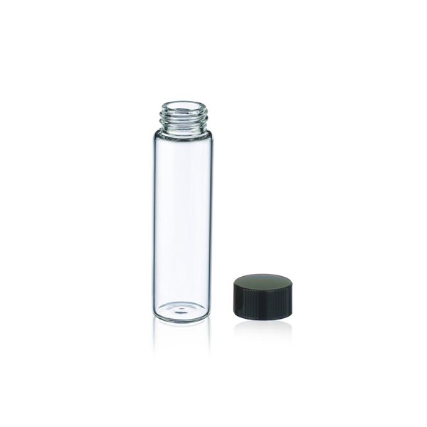 DWK Wheaton 24 ml E-C Probenfläschchen, klar, schwarze PF-Kappe 20-400 ohne Loch, 14B Gummi-Einlage, unmontiert, je 200 St/Pkg