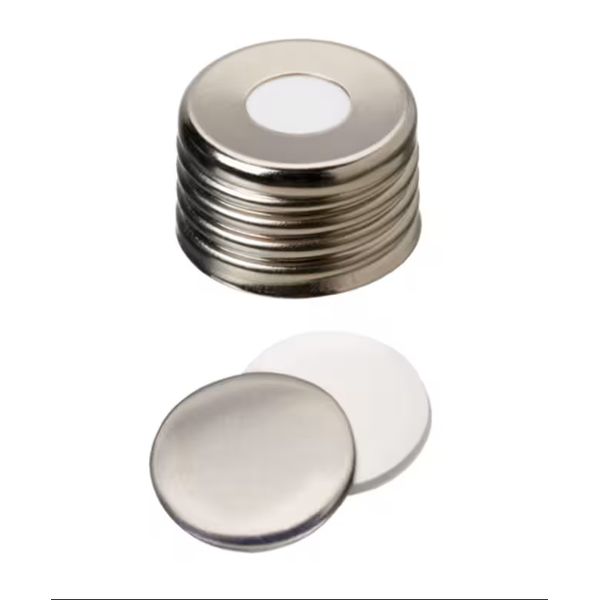 Thermo Fisher Scientific Schraubkappe SureSTART Level 3, 18 mm, silber Steel Magnetic, mit weiß Silikon / silber Aluminum Septa, 1,3 mm, für PFAS, 100
