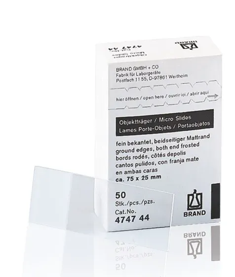 Brand GmbH & Co. KG Microscope slides 1 mm, approx. 76 x 26 mm, finely edged, frosted on both sides, made of hydrophilic optical glass. Class 3, semi-