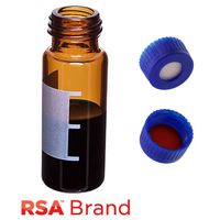 Product Image of Vial & Cap Kit incl. 100 2ml, Screw Top, Amber RSA™ Autosampler Vials with Write-On Patch/fill lines & 100 Blue Screw Caps with Silicone Rubber/PTFE bonded Septa, RSA Brand Easy Purchase Pack