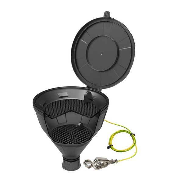 SCAT Funnel ''ARNOLD'' with lid, V2.0, GL45, PE-HD electrostatic conductive, splash guard, sieve, funnel 200 mm