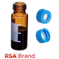 Product Image of Vial & Cap Kit Includes 100 2ml, Screw Top, Amber RSA™ Autosampler Vials with Write-On Patch/fill lines & 100 light blue Screw Caps with Clear AQR Silicone Rubber/Clear PTFE, ultra-pure fitted Septa, RSA Brand Easy Purchase Pack