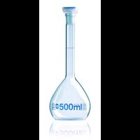 Volumetric flask, BLAUBRAND, class A, Boro 3.3, 50 ml, blue grad., NS 14/23, with PP stopper, 50 ml, DE-M, individual certificate