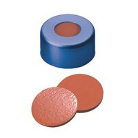 Product Image of Bördelkappe, ND11 Verschluss: Aluminium, blau lackiert mit 5,5 mm Loch, Naturkautschuk rot-orange/Butyl rot/TEF transparent, 1,0 mm, 1000/PAK