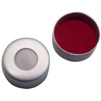Product Image of UltraClean Closure: 11mm Aluminium Cap, clear lacquered, centre hole, Silicone white/PTFE red, 45° shore A, 1.3mm, 10x100/PAK