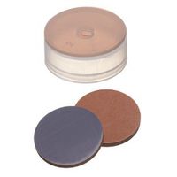 Product Image of 22mm seal: PE cap, transparent, hole, height 9,1mm, butyl red/PTFE grey, 10 x 100 pc