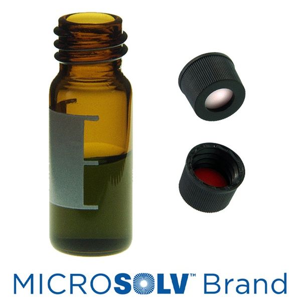 Microsolv Vial & Cap Kit incl. 100 2ml, Wide Mouth, Screw Top, Amber Autosampler Vials with Write-On Patch/fill lines & 100 Black Screw Caps with 