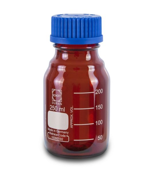 SCAT Enghalsflasche DURAN Borosilikatglas, GL45, 250 ml, rund, braun, mit Kappe und Ausgießring