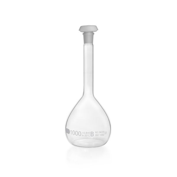 Duran Group Volumetric flask, clear, SJ 24/29, 1000 ml, white graduation, B, PE stopper, 2 pc/PAK