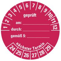 Product Image of Prüfplakette geprüft am:; 22-27 / 24-29, grün / rot, Dokumentenfolie, Ø 40mm,, 10 St/Pkg