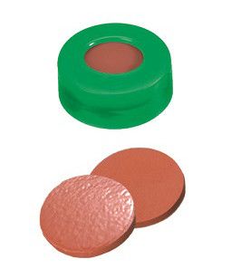Altmann Analytik ND11 PE Snap Ring Seal: Snap Ring Cap green + centre hole, Nat. Rubber red-orange/TEF transparent, hard cap, 10x100/pac