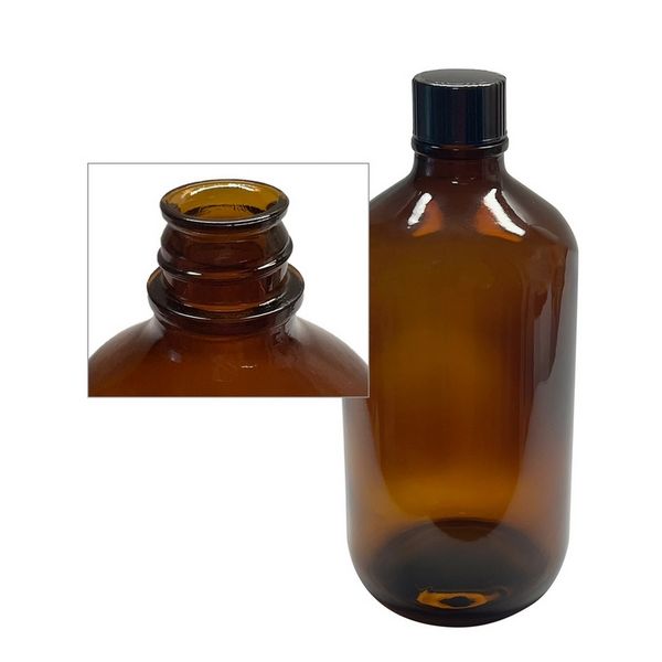 JG Finneran 1 Liter Amber Boston Round, 94x206 mm, 33-430 mm Thread, Black Phenolic Closure, PTFE/F217 Lined, 12 pc/PAK