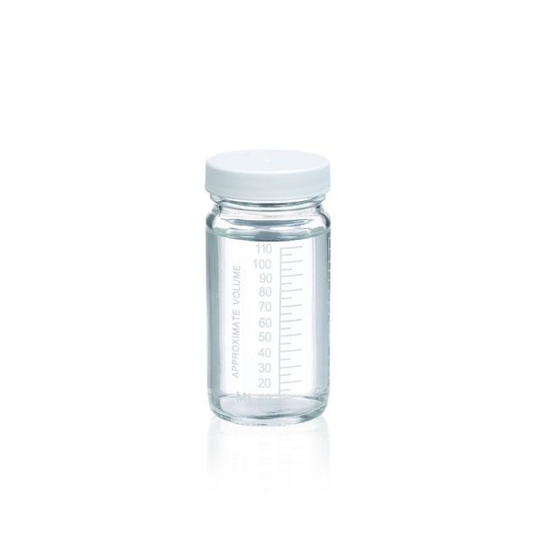 DWK Wheaton Valumetric Flasche, graduiert, Klarglas, 4oz, Schraubkappe, PP, weiß, 48-400 mit PV-Einlage, 51 x 102 mm, 24 St/Pkg