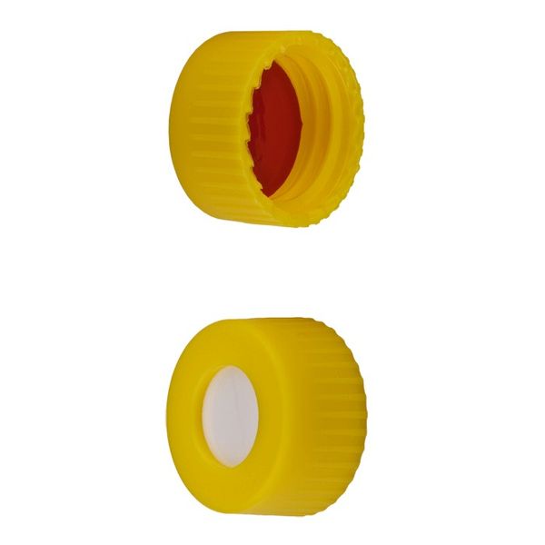 Microsolv Screw Cap yellow, 9 mm, with white Sil/red PTFE Preslit Bonded Septa Ribbed, 100 pc/PAK