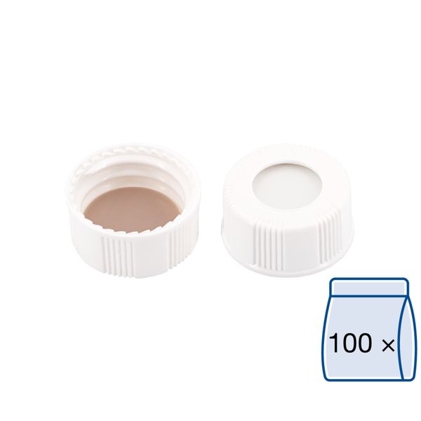Macherey-Nagel Schraubkappe, PP weiß, N20-L, 20-400, mit Loch, bonded Silikon weiß/PTFE beige, 1,5 mm, 45° shore A, 100 St/Pkg