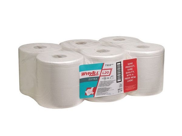 Kimberly-Clark WYPALL L20 EXTRA Wischtücher - Zentralentnahme Material: AIRFLEX * Farbe: Weiß, Lagen: 2 Größe: 42,50cm x 18,50cm Inhalt: 6 Rollen x 