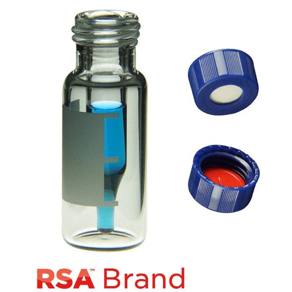 Microsolv Fläschchen & Kappen-Kit inkl. 100 300μl, eingeschmolzener Einsatz, klare Autosampler-Fläschchen mit Beschriftungsfeld/Fülllinien & 100 blaue