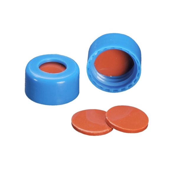 DWK Wheaton 9 mm Schraubkappe, blau, mit Septum ETFE/Silikon rot gebrannt, 100 St/Pkg