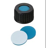 Product Image of Schraubkappe, 18 mm Verschluss: PP, schwarz, mit Loch, Silikon blau transparent/PTFE weiß, 45° shore A, 1,7 mm, 10x100/PAK