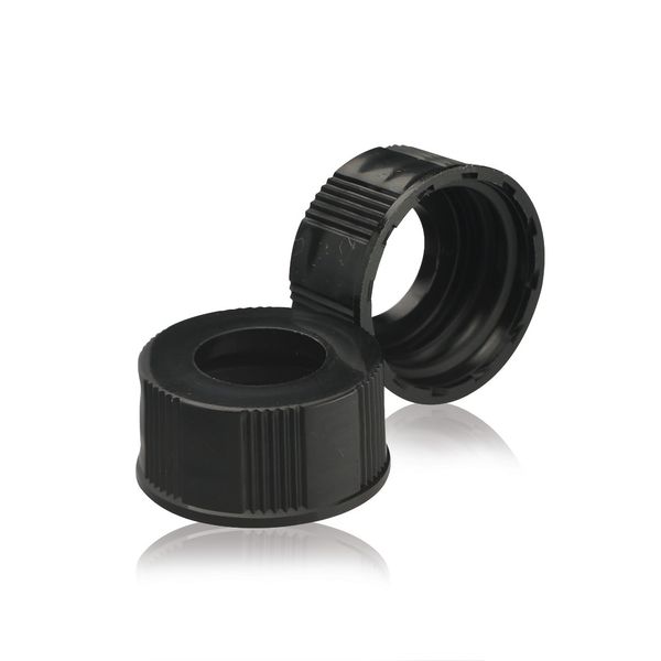 DWK Wheaton PF screw cap, black, open Top, with grey CIIR/50 septum and flange, size 33-430, autoclavable, 1000 pc/PAK