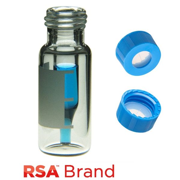Microsolv Fläschchen & Kappen Kit inkl. 100 300μl, eingeschmolzenem Einsatz, Klar RSA Autosampler Fläschchen mit Beschriftungsfeld/Fülllinien & 100 