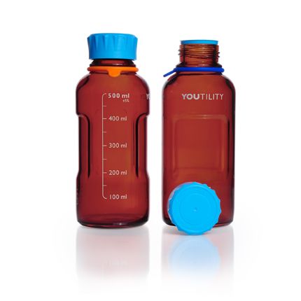 Duran Group DURAN YOUTILITY bottle, amber, graduated, GL 45, cyan screw-cap and puring ring, PP, 500 ml, 4 pc/PAK
