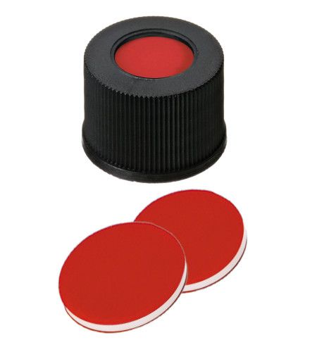 Altmann Analytik 10 mm Schraubverschluss, 10-425, PP schwarz, Mittelloch, PTFE rot/Silikon weiß/PTFE rot, 45° shore A, 1 mm, 10 x 100 St/Pkg
